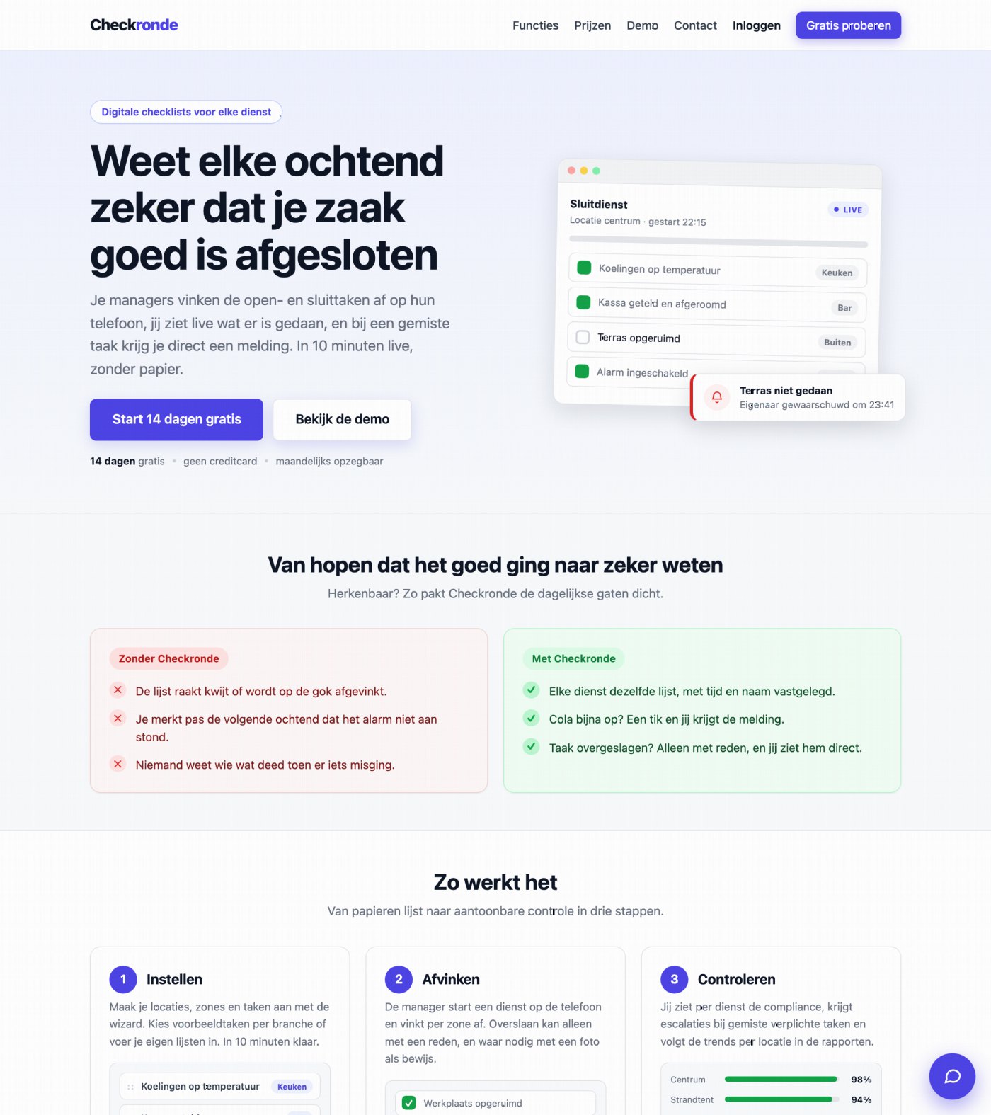 Startpagina van Checkronde met de kop Weet elke ochtend zeker dat je zaak goed is afgesloten