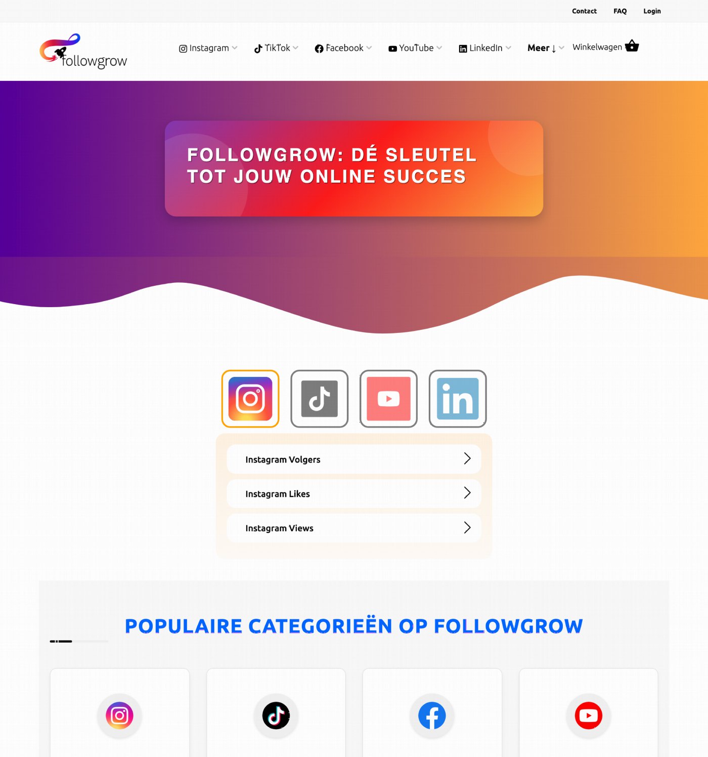 Homepage van de webshop Followgrow met keuzeknoppen per sociaal netwerk