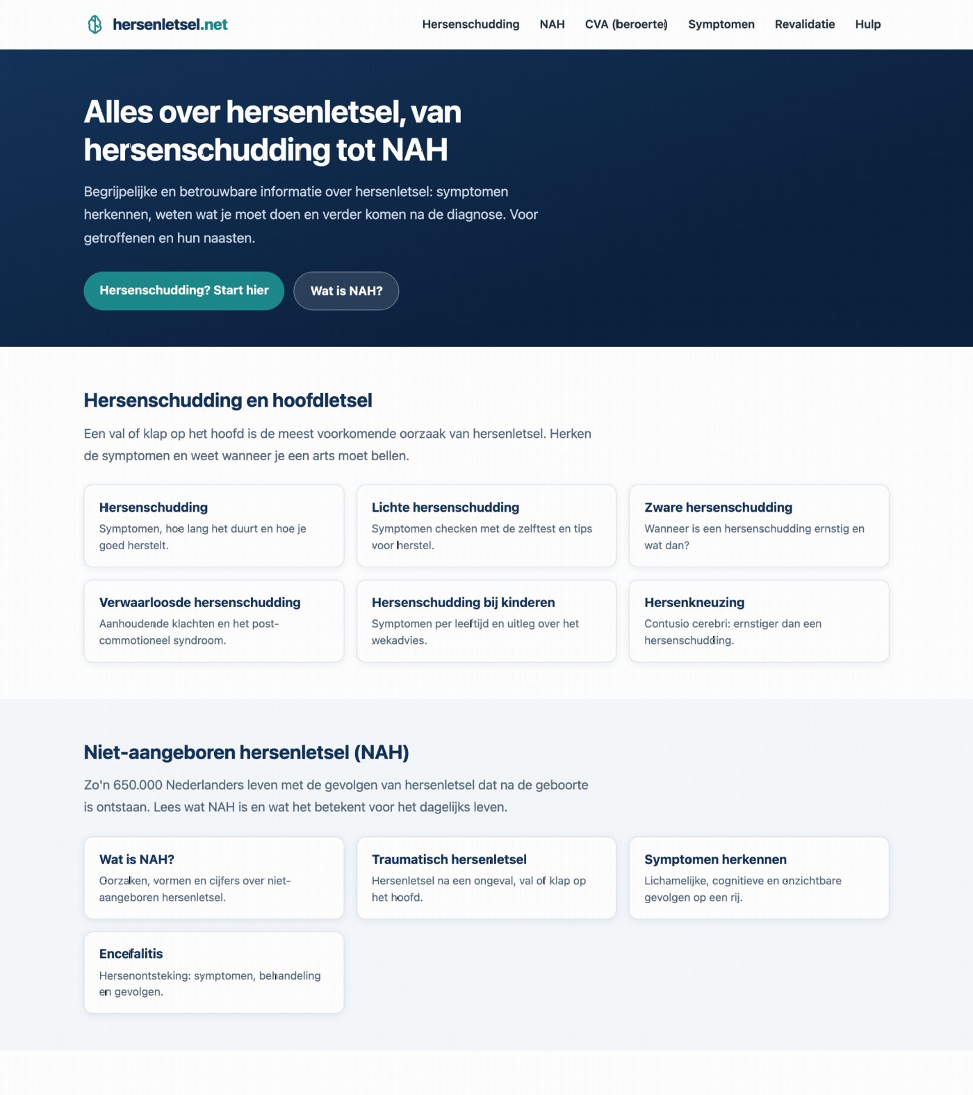 Startpagina van Hersenletsel.net met een donkerblauwe kop en kaarten per onderwerp