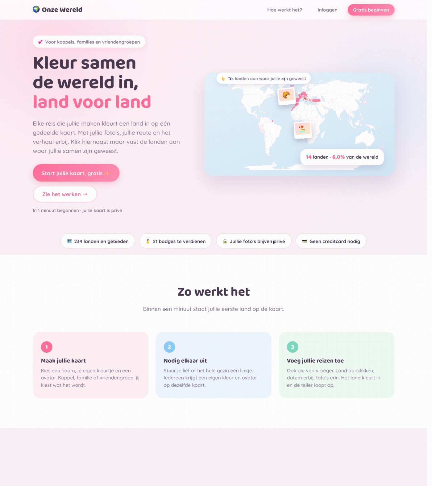 Startpagina van Onze Wereld met een wereldkaart waarop bezochte landen zijn ingekleurd