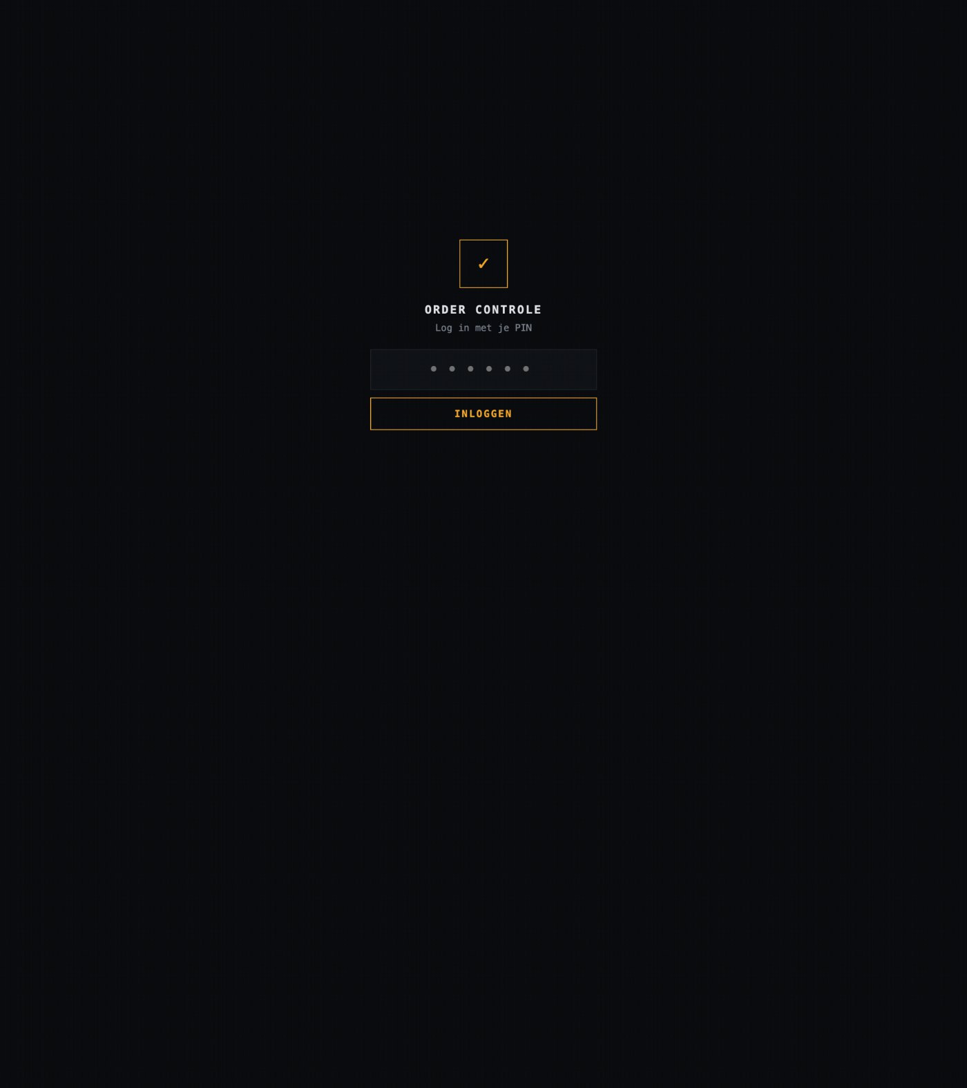 Inlogscherm van de Order Controle-app met een pincodeveld