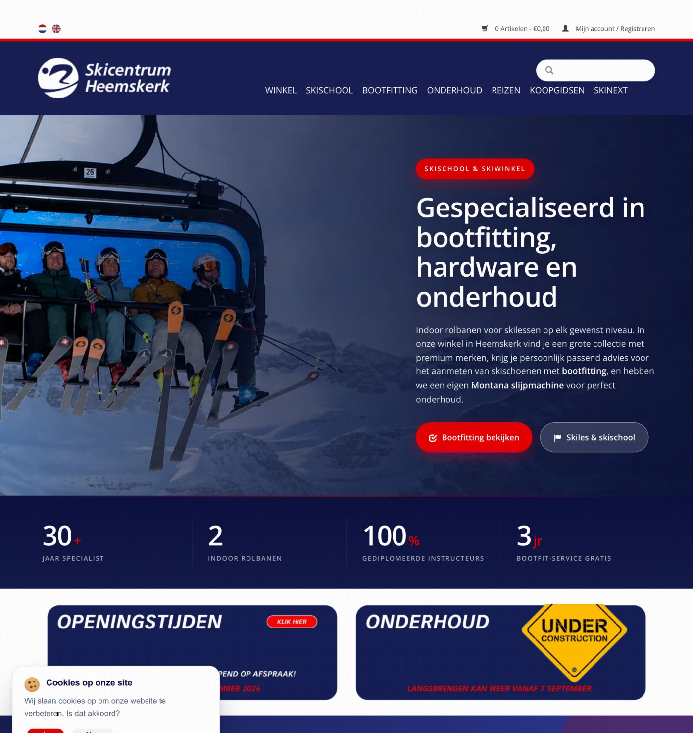 Bootfittingpagina van Skicentrum Heemskerk met een grote foto van skiërs in een stoeltjeslift