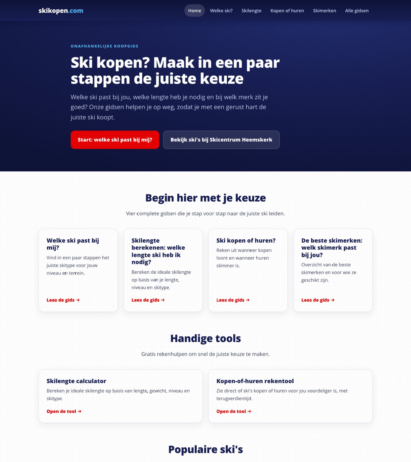 Startpagina van Skikopen.com met de kop Ski kopen? Maak in een paar stappen de juiste keuze