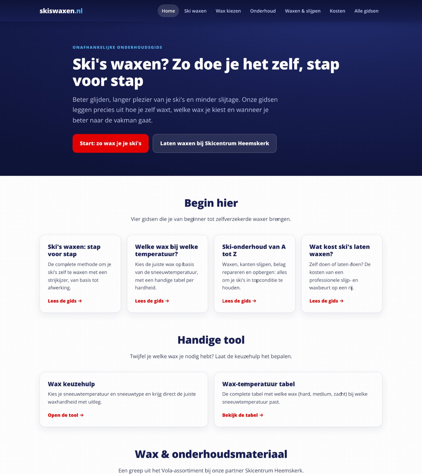 Startpagina van Skiswaxen.nl met de kop Ski's waxen? Zo doe je het zelf, stap voor stap