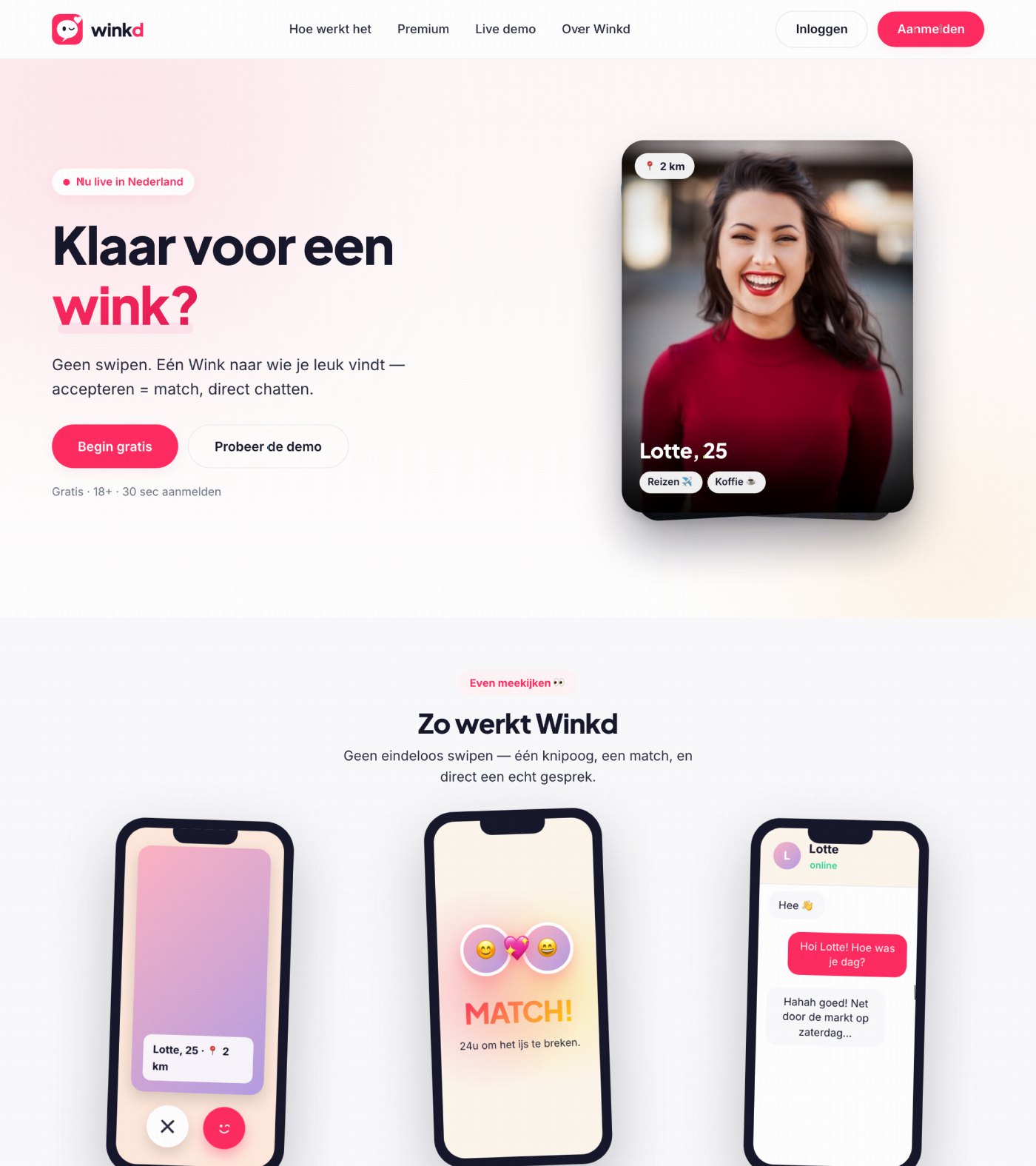Homepage van Winkd met de kop Klaar voor een wink en een profielkaart